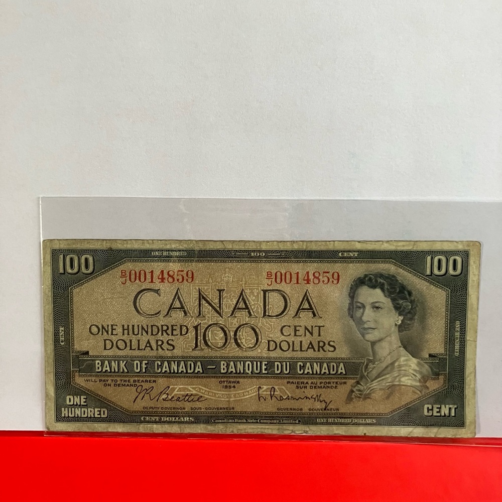 1954 Canada $100 Circulated Note  Prefix B/J 0014859 Low Number